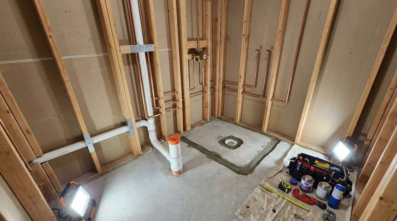 Bathroom rough-in plumbing during remodel by Johns Plumbing LLC in Semmes