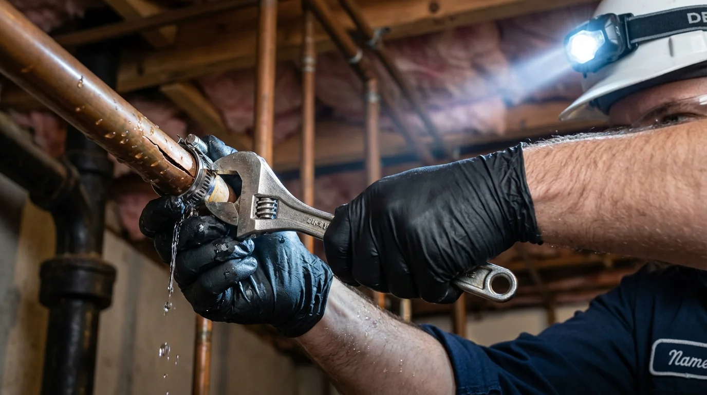 Emergency pipe clamp repair being performed by a Johns Plumbing LLC plumber in Semmes