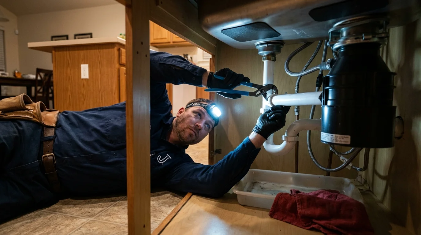 P-trap and supply line connections under a kitchen sink showing a common leak point in Semmes, AL
